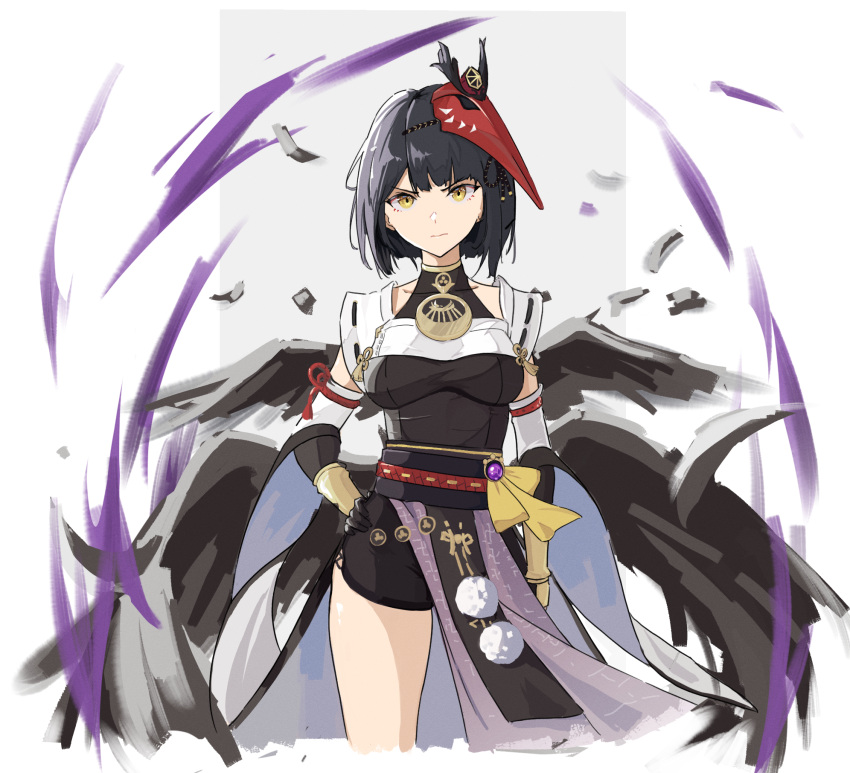 1girl :| alternate_hair_color asymmetrical_hair bird_mask bird_wings black_bodysuit black_hair bodysuit breasts chinese_commentary closed_mouth cropped_legs detached_sleeves feathers genshin_impact hand_on_hip highres japanese_clothes jewelry kujou_sara large_breasts long_sleeves looking_at_viewer lycsakd mask mask_on_head necklace pelvic_curtain pom_pom_(clothes) serious solo tassel tengu_mask thighs vision_(genshin_impact) wide_sleeves wings yellow_eyes
