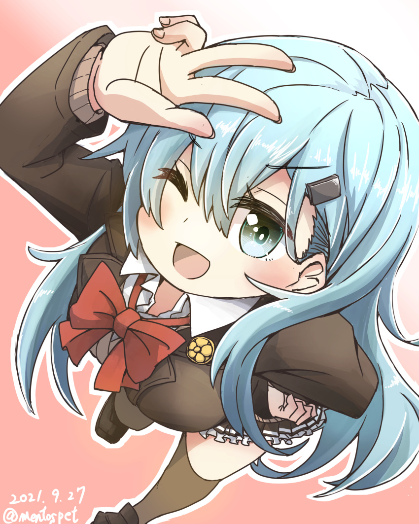 1girl absurdres aoba_(akibajun) aqua_eyes aqua_hair blush bow bowtie brown_cardigan brown_footwear brown_legwear brown_skirt brown_vest cardigan dated eyebrows_visible_through_hair from_above gradient gradient_background hair_between_eyes hair_ornament hairclip hand_on_hip highres kantai_collection loafers long_hair one_eye_closed open_mouth pleated_skirt red_background red_neckwear shoes skirt smile solo suzuya_(kancolle) thigh-highs twitter_username v vest white_background
