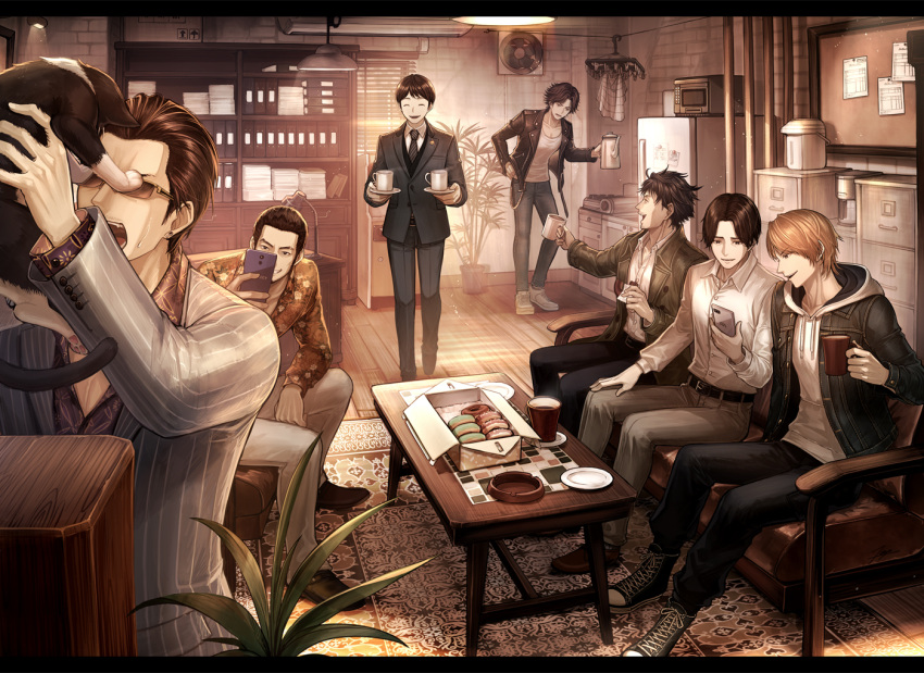 6+boys ashtray belt black_pants cabinet cat cellphone character_request closed_eyes clothes_hanger couch cup doughnut food formal grey_suit holding holding_teapot hood hood_down hoodie hoshino_issei indoors jacket judge_eyes kaito_masaharu lamp leather leather_jacket microwave mug multiple_boys office pants phone plate refrigerator rug sepia shirt shoes sitting spoilers sugiura_fumiya suit table taking_picture teapot tenyo0819 tsukumo_makoto white_shirt yagami_takayuki