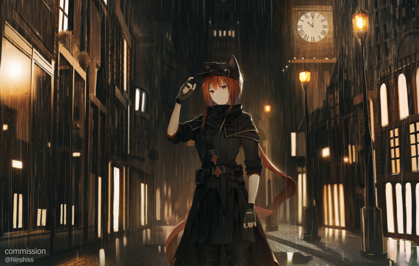 1girl absurdres animal_ears animal_hat arknights ash_(rainbow_six_siege) ash_(ranger)_(rainbow_six_siege) bangs bare_arms baseball_cap belt belt_buckle belt_pouch black_capelet black_coat black_footwear black_gloves black_headwear black_pants boots braid buckle building capelet cat_ears cat_hat chest_belt clock clock_tower closed_mouth coat commentary_request door english_commentary explosive eyebrows eyebrows_visible_through_hair eyewear_on_head fingerless_gloves flashbang gloves grenade hat head_tilt highres lamppost night night_sky ninshi official_alternate_costume outdoors pants partial_commentary ponytail pouch rain rainbow_six_siege red_eyes red_shawl redhead reflection road shawl side_ponytail sidelocks sidewalk sky skyscraper sleeves_rolled_up smile solo standing strap street sunglasses tactical_clothes torn_clothes tower utility_belt water_drop wet window