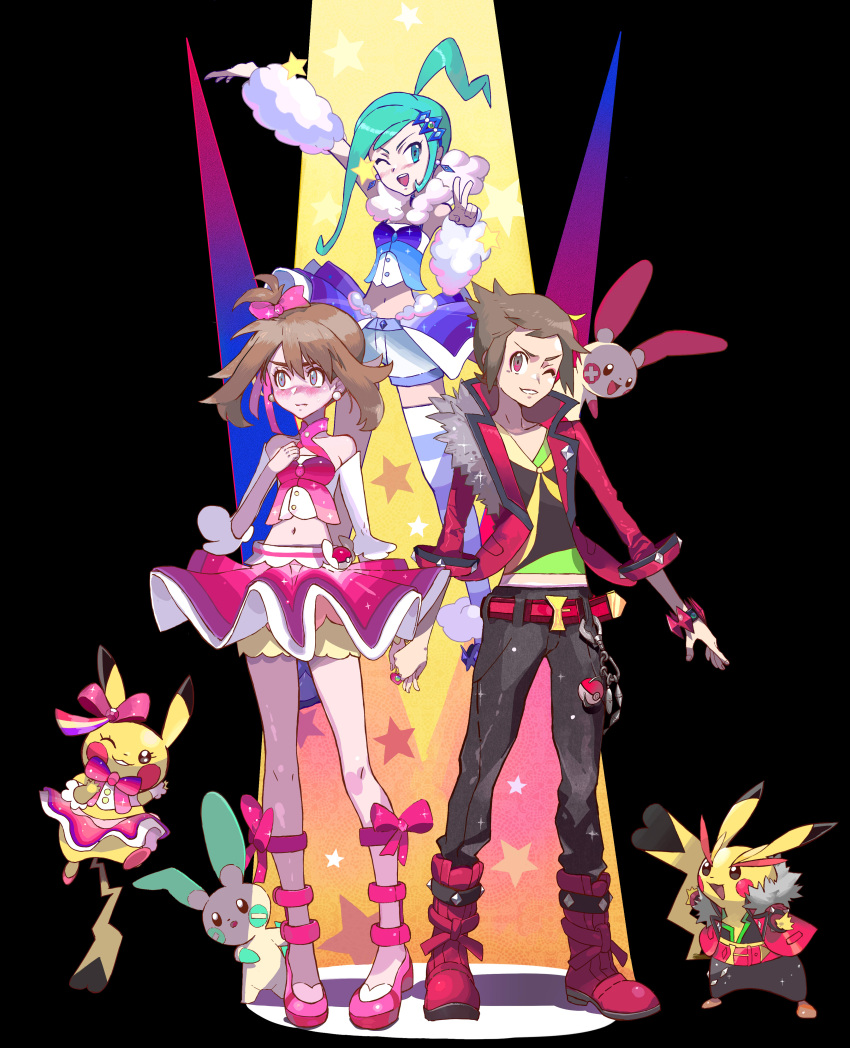 1boy 2girls absurdres arm_up arm_warmers bangs bare_shoulders belt blush boots bracelet brendan_(pokemon) brown_hair commentary cosplay_pikachu green_eyes green_hair highres hiro_(user_negm3832) jacket jewelry knees lisia_(pokemon) may_(pokemon) minun multiple_girls navel open_mouth pants pikachu pikachu_pop_star pikachu_rock_star plusle pokemon pokemon_(game) pokemon_oras short_hair shorts shorts_under_skirt showgirl_skirt single_thighhigh smile standing star_(symbol) striped striped_legwear thigh-highs v