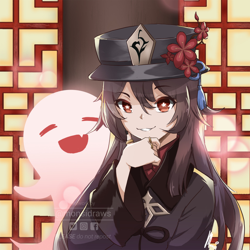 1girl :d architecture bangs black_hair chinese_clothes close-up commentary commentary_request east_asian_architecture eyebrows_visible_through_hair flower genshin_impact ghost hair_between_eyes hand_on_own_chin hat hat_flower hat_ornament highres hu_tao_(genshin_impact) jewelry long_hair long_sleeves looking_at_viewer monsidraws open_mouth red_eyes ring sidelocks smile symbol-shaped_pupils twintails watermark window