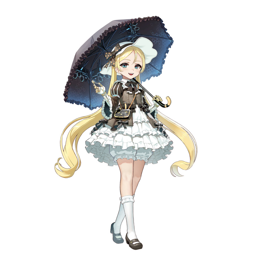 1girl blonde_hair bloomers blue_eyes dress ellie_quickhand full_body hat highres last_origin lolita_fashion long_hair mary_janes mechanical_arms official_art parasol shoes single_mechanical_arm smile solo tachi-e taesi transparent_background umbrella underwear very_long_hair