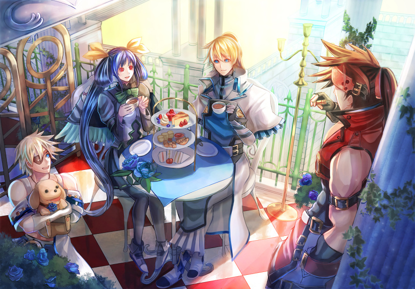 1girl 3boys asymmetrical_wings blonde_hair blue_eyes blue_flower blue_hair blue_rose brown_hair cake crossed_legs cup cupcake dessert dizzy_(guilty_gear) dog eyepatch family father_and_daughter father_and_son flower food guilty_gear guilty_gear_xrd hand_in_pocket husband_and_wife ky_kiske long_hair mother_and_son multiple_boys plant red_eyes rose shinrin_kusaba short_hair sin_kiske sitting sitting_on_object sol_badguy sunlight tea teacup twintails wings