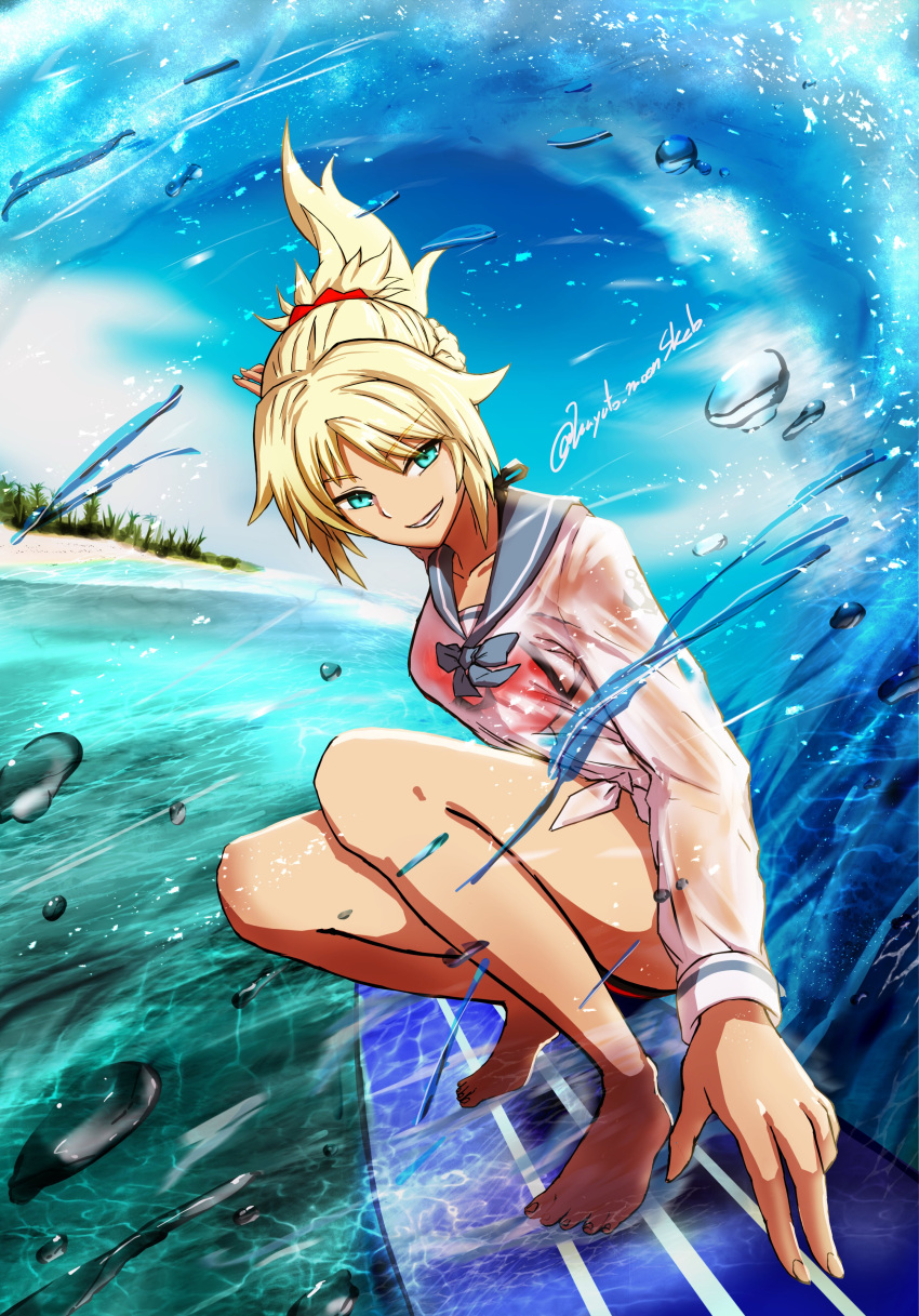 1girl absurdres bangs bare_legs barefoot beach bikini blonde_hair blue_eyes bow bowtie collarbone eyebrows_behind_hair eyebrows_visible_through_hair fate/grand_order fate_(series) hairband hayato_moonskeb highres looking_at_viewer mordred_(fate) mordred_(swimsuit_rider)_(fate) ocean ponytail red_bikini school_uniform serafuku shirt short_hair smile solo surfboard surfing swimsuit water waves wet wet_clothes wet_shirt white_serafuku