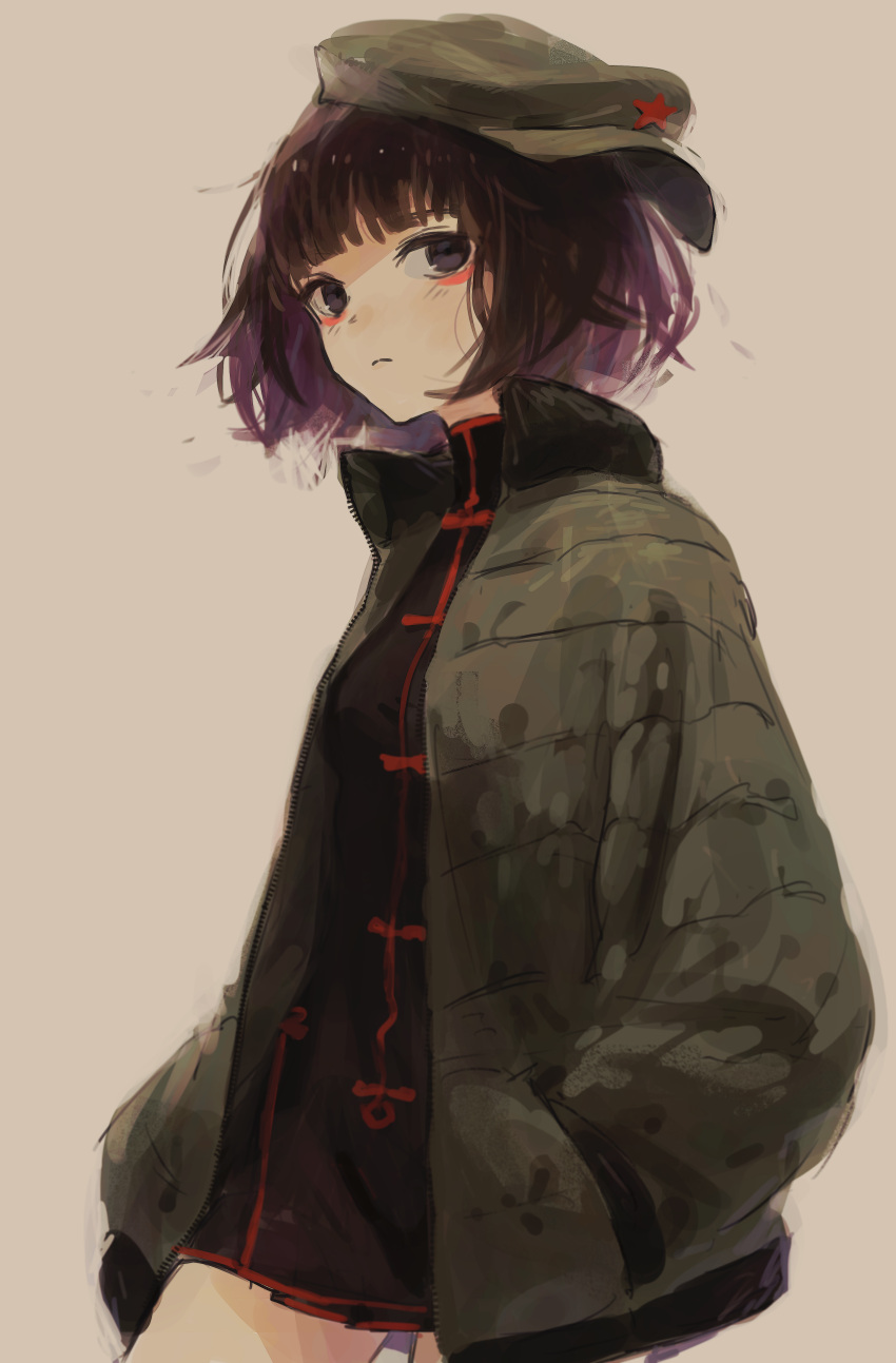 1girl absurdres black_eyes black_jacket chinese_clothes closed_mouth cowboy_shot facial_mark green_headwear green_jacket grey_background hat highres jacket long_sleeves looking_at_viewer medium_hair original purple_hair simple_background solo standing tentsuu_(tentwo)