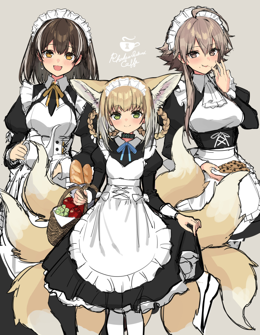 3girls :d absurdres ahoge alternate_costume animal_ears apple apron arknights ascot baguette basket black_collar black_dress blonde_hair blue_neckwear braid bread breasts brown_background brown_eyes brown_hair chinese_commentary chocolate_chip_cookie clothes_lift collar commentary_request cookie dress dress_lift earrings enmaided extra_ears eyebrows_visible_through_hair feet_out_of_frame food food_on_face fox_ears fox_girl fox_tail frilled_dress frills fruit grapes green_eyes hand_up highres holding holding_plate holding_teapot infection_monitor_(arknights) jewelry kitsune kyuubi lifted_by_self looking_at_viewer magallan_(arknights) maid maid_headdress mayer_(arknights) medium_breasts multicolored_hair multiple_girls multiple_tails neck_ribbon open_mouth pantyhose plate ribbon short_hair sidelocks sigm@ simple_background small_breasts smile standing straight-on streaked_hair suzuran_(arknights) tail teapot tongue tongue_out white_apron white_hair white_legwear white_neckwear yellow_eyes yellow_neckwear