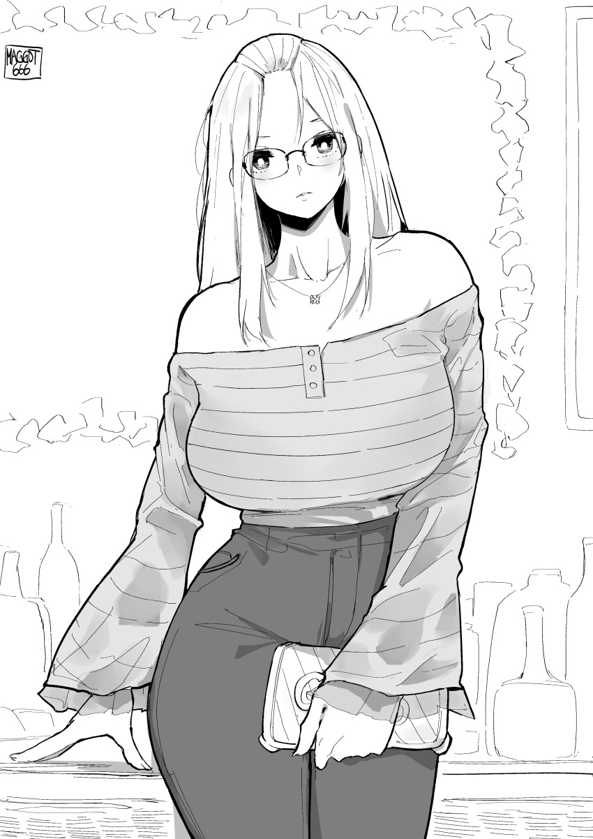 1girl absurdres bag bangs_pinned_back bare_shoulders bottle breasts curvy folded_hair glasses greyscale hair_pulled_back handbag highres inne_sulistya_robin jewelry large_breasts long_hair looking_at_viewer monochrome necklace norman_maggot off_shoulder original pants shirt_tucked_in standing wide_sleeves