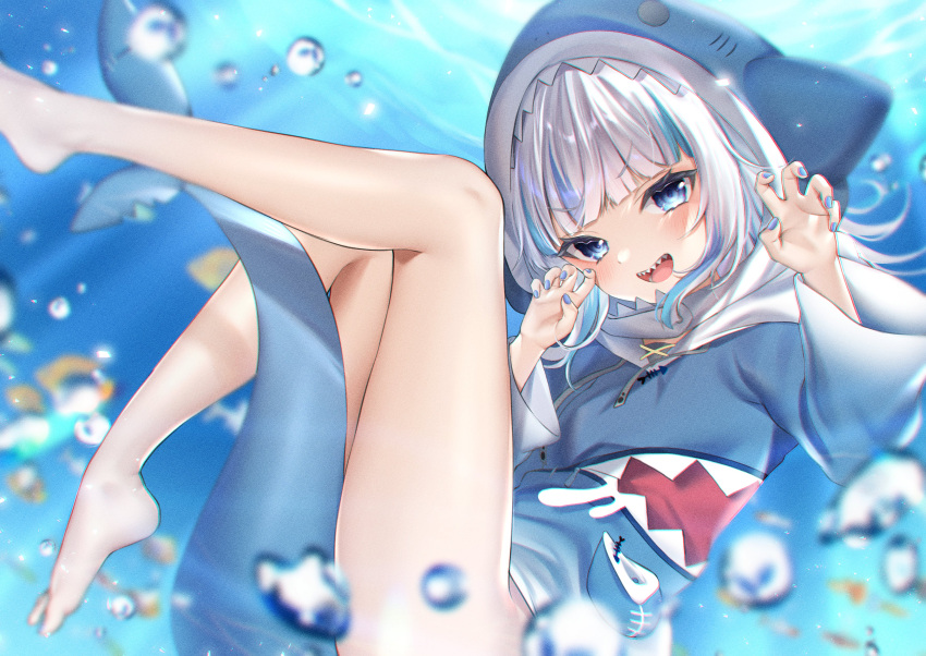 1girl :d absurdres air_bubble bangs bare_legs barefoot blue_eyes blue_hair blue_hoodie blue_nails blurry blurry_background blush bubble buta_tamako claw_pose commentary eyebrows_visible_through_hair fish fish_tail gawr_gura highres hololive hololive_english hood hood_up hoodie long_hair long_sleeves looking_at_viewer nail_polish open_mouth shark_tail sharp_teeth silver_hair smile solo tail teeth underwater upper_teeth v-shaped_eyebrows virtual_youtuber wide_sleeves