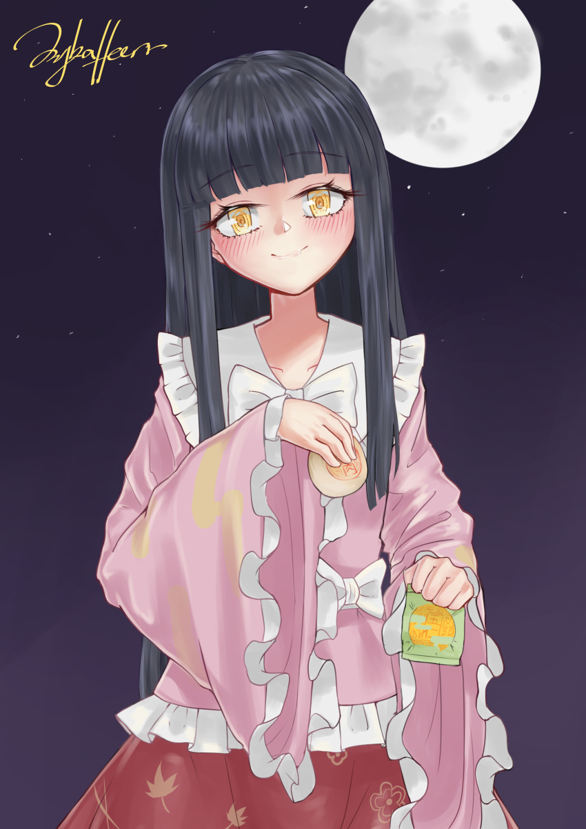 1girl absurdres bangs black_hair blunt_bangs blush closed_mouth collarbone commentary_request dated eyebrows_visible_through_hair frilled_sleeves frills head_tilt highres hime_cut houraisan_kaguya japanese_clothes kimono littiecy long_hair looking_at_viewer moon night night_sky pink_kimono signature sky smile snack solo star_(sky) starry_sky touhou very_long_hair yellow_eyes