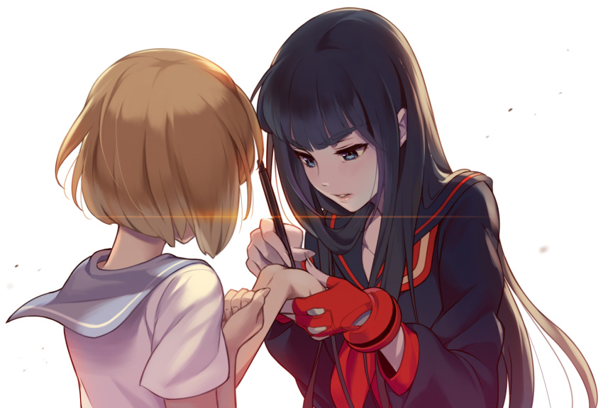 1000marie bangs black_hair black_serafuku blue_eyes blue_sailor_collar bob_cut brown_hair duplicate gloves hime_cut kill_la_kill kiryuuin_satsuki long_hair mankanshoku_mako parted_lips pen pixel-perfect_duplicate red_gloves red_sailor_collar sailor_collar school_uniform senketsu serafuku short_hair simple_background white_background