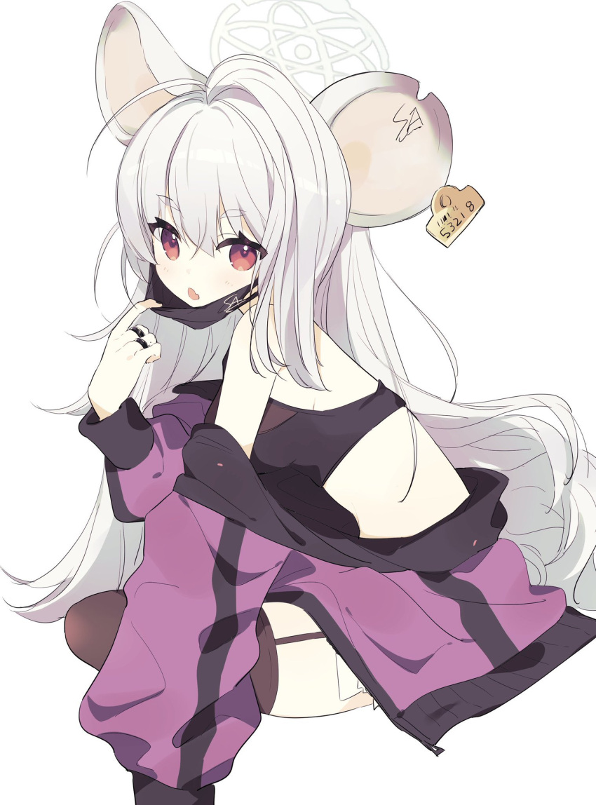 1girl :o animal_ears bangs black_legwear blue_archive blush ear_tag eyebrows_visible_through_hair garter_straps hair_between_eyes halo highres jacket jewelry long_hair long_sleeves looking_at_viewer mask mask_pull mouse_ears mouse_girl mouth_mask multiple_rings off_shoulder purple_jacket red_eyes ring saya_(blue_archive) simple_background sitting solo thigh-highs very_long_hair white_background white_hair ymm007xx