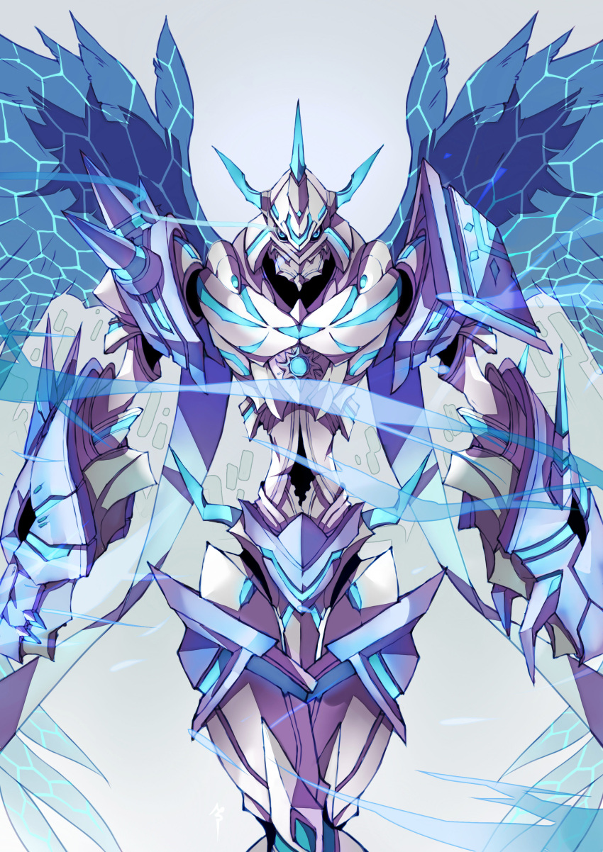 1boy absurdres angel_wings armor blue_eyes commentary digimon digimon_(creature) digimon_adventure digimon_adventure_tri. english_commentary grey_background highres horns looking_at_viewer multiple_horns nateasora omegamon omegamon_merciful_mode solo spikes wings