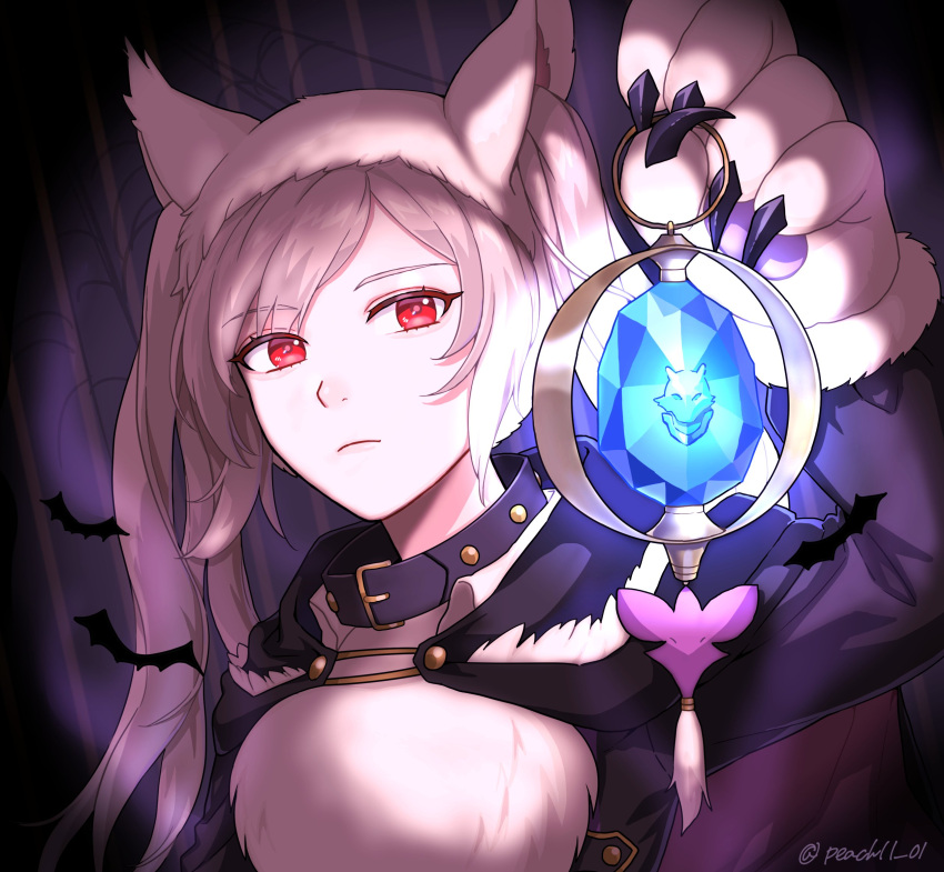 1girl alternate_costume animal_collar animal_ears animal_hands black_coat closed_mouth coat collar commentary_request dark_persona dragonstone eyebrows_visible_through_hair fake_animal_ears fire_emblem fire_emblem_awakening fire_emblem_heroes fur_trim gem gloves grima_(fire_emblem) halloween halloween_costume highres holding hood hood_down hooded_coat jewelry long_hair long_sleeves looking_at_viewer official_alternate_costume paw_gloves peach11_01 red_eyes robin_(fire_emblem) robin_(fire_emblem)_(female) solo twintails twitter_username white_gloves white_hair wolf_ears