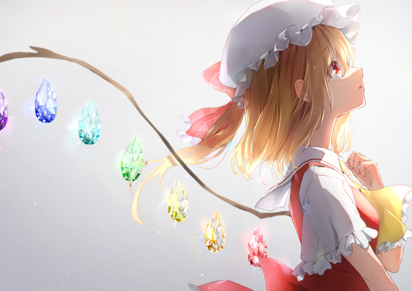 1girl ascot bangs blonde_hair bow commentary_request crystal eyebrows_visible_through_hair flandre_scarlet frilled_neckwear frilled_shirt_collar frills from_side gradient gradient_background grey_background hair_between_eyes hair_bow hand_up hat highres medium_hair mob_cap one_side_up profile puffy_short_sleeves puffy_sleeves red_bow red_eyes red_vest shironeko_yuuki short_sleeves simple_background solo touhou upper_body vest white_headwear wings yellow_neckwear