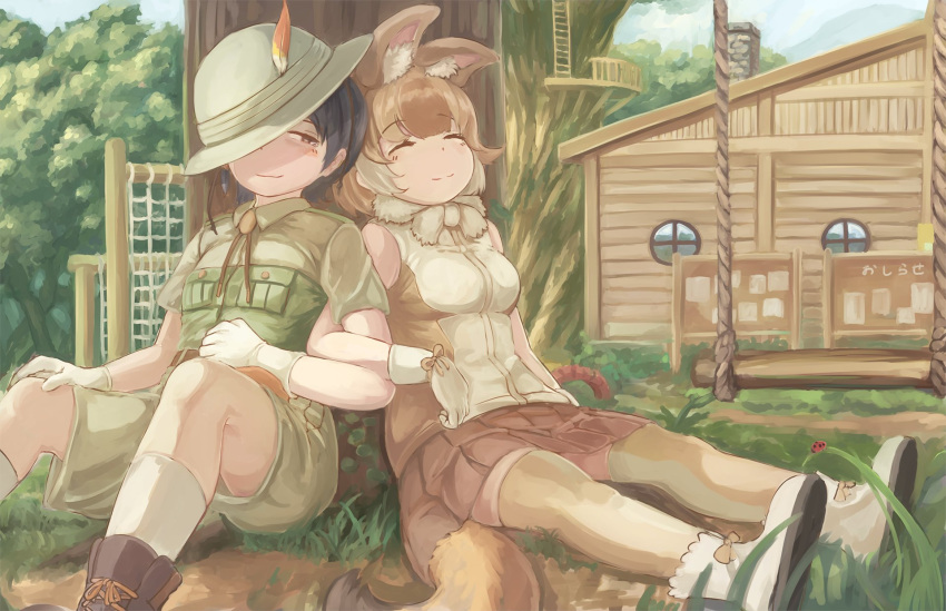 2girls animal_ears bare_shoulders black_hair blush boots bow bowtie brown_footwear brown_legwear brown_shirt brown_skirt bucket_hat captain_(kemono_friends) collared_shirt dhole_(kemono_friends) dog_ears dog_girl dog_tail eyebrows_visible_through_hair gloves hat hat_feather highres kemono_friends kemono_friends_3 khakis light_brown_hair locked_arms looking_at_another multicolored_hair multiple_girls neckwear okyao one_eye_closed pleated_skirt shirt short_sleeves shorts sitting skirt sleeping sleeveless socks t-shirt tail thigh-highs tree two-tone_hair two-tone_legwear two-tone_shirt uniform white_gloves white_hair white_legwear white_neckwear white_shirt zettai_ryouiki