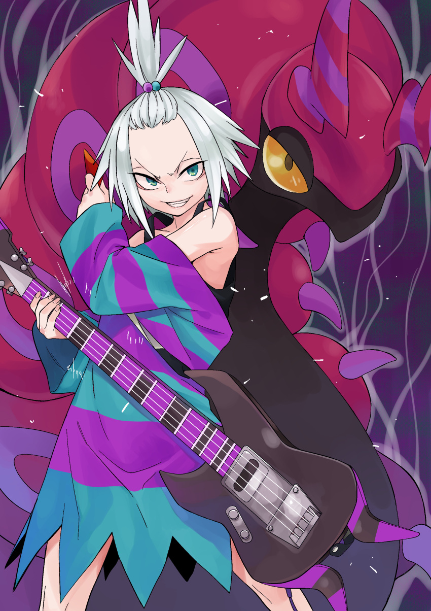 absurdres bass_guitar boots dress forehead freckles green_eyes gujira hair_bobbles hair_ornament highres instrument looking_at_viewer oversized_clothes pokemon pokemon_(creature) pokemon_(game) pokemon_bw2 roxie_(pokemon) scolipede smile standing steam strapless strapless_dress striped striped_dress topknot white_hair