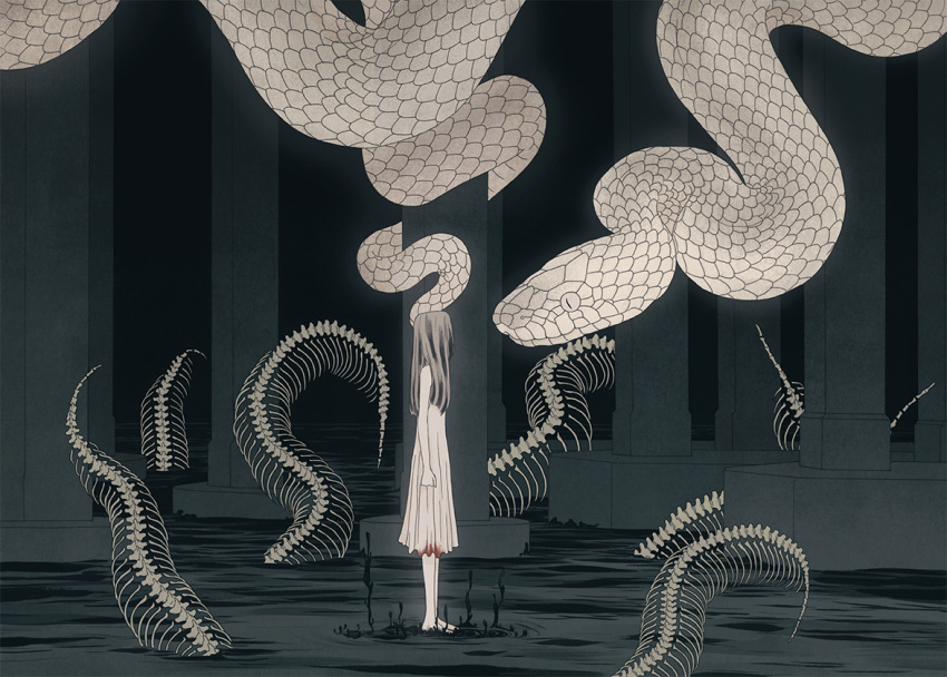 1girl blood blood_on_clothes bone cochlea1313 dress flat_color horror_(theme) long_hair original overskirt pillar scales skeleton snake surreal