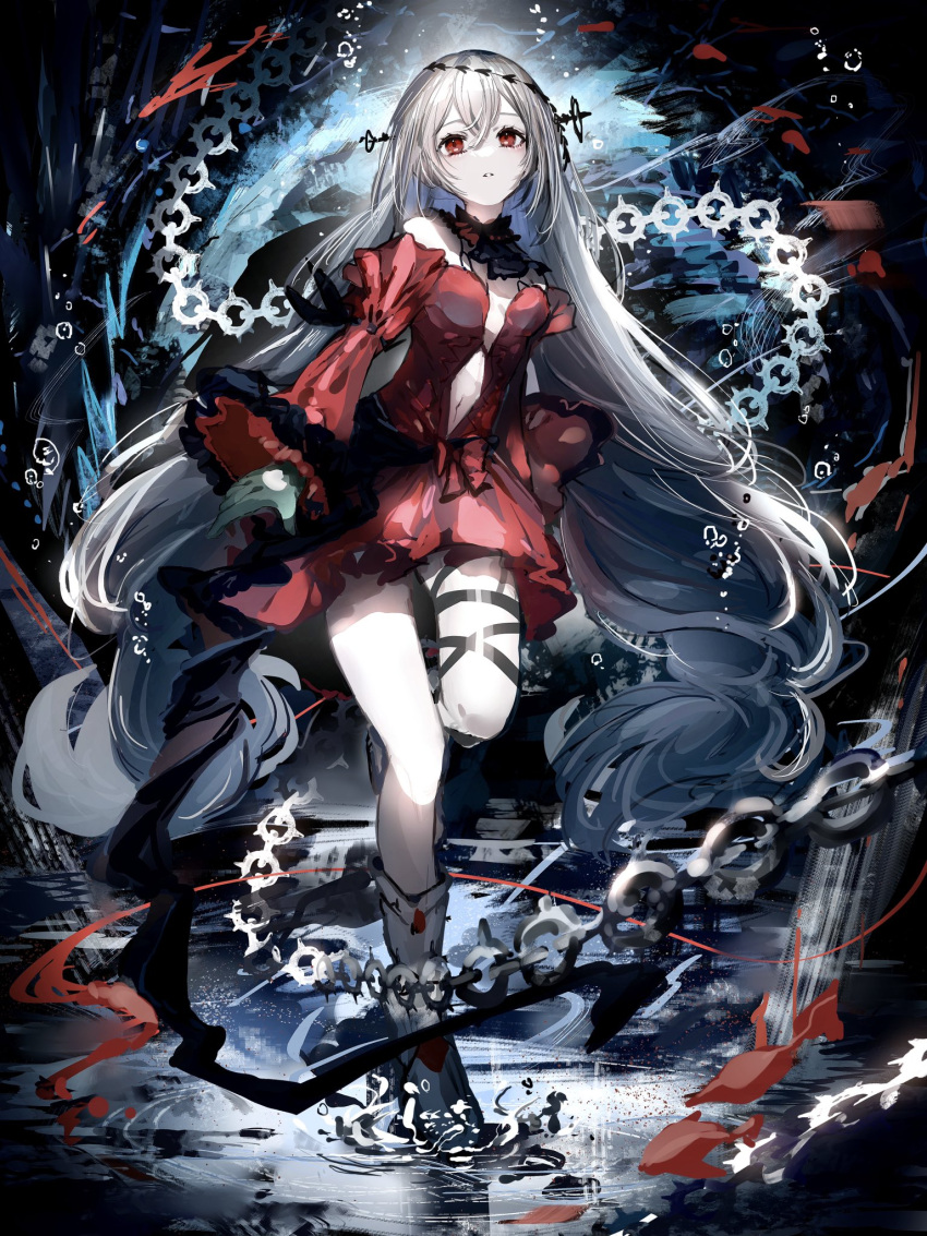 1girl abstract_background aqua_gloves arknights boots breasts center_opening chain detached_collar dress full_body gears gloves highres knee_boots leg_up long_hair long_sleeves looking_at_viewer nanaponi navel off-shoulder_dress off_shoulder parted_lips red_dress red_eyes silver_hair skadi_(arknights) skadi_the_corrupting_heart_(arknights) small_breasts solo standing standing_on_one_leg thigh_strap twintails very_long_hair water white_footwear