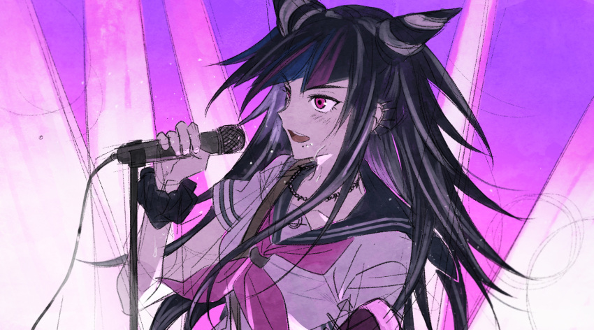 1girl :d bangs black_hair black_sailor_collar black_scrunchie blue_hair blush danganronpa_(series) danganronpa_2:_goodbye_despair ear_piercing gradient gradient_background grey_hair grey_shirt hair_horns hand_up highres holding holding_microphone long_hair microphone microphone_stand mioda_ibuki multicolored_hair neckerchief open_mouth piercing pink_eyes pink_hair pink_neckwear sailor_collar school_uniform scrunchie shirt sketch smile solo upper_teeth vo1ez white_shirt wrist_scrunchie