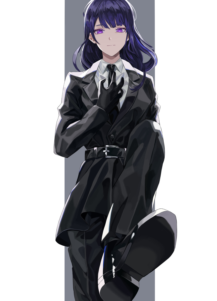 1girl absurdres bangs belt black_gloves breasts closed_mouth collared_shirt commentary feet formal genshin_impact gloves highres jacket long_hair long_sleeves looking_at_viewer mole mole_under_eye necktie nugag purple_hair raiden_shogun shirt shoes simple_background solo suit violet_eyes white_background white_shirt