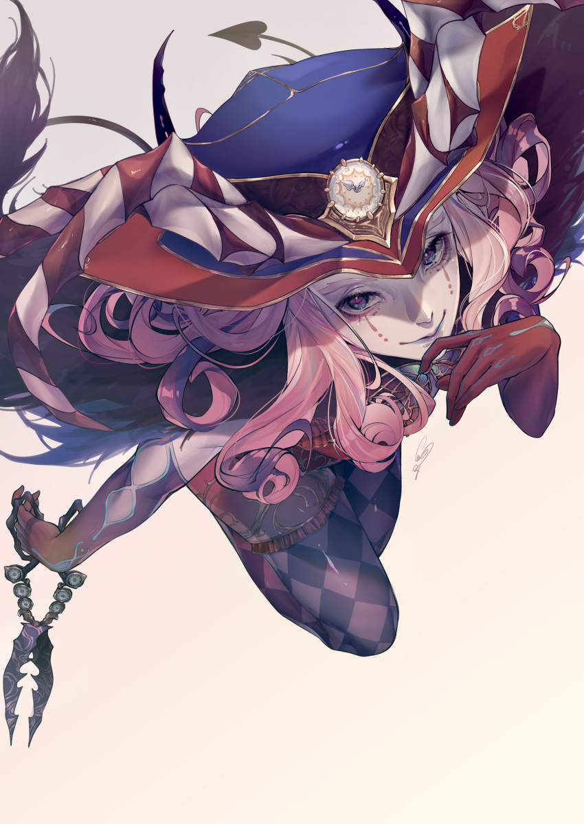 1boy absurdres argyle argyle_legwear blue_eyes blue_lips butterfly_ornament cape colored_skin curly_hair cuso4_suiwabutu fate/grand_order fate_(series) foreshortening from_above fur-trimmed_cape fur_collar fur_trim hand_on_own_chin hat headpiece high_heels highres holding holding_scissors holding_weapon horns makeup male_focus medium_hair mephistopheles_(fate) multicolored multicolored_eyes multiple_tails pantyhose purple_hair scissors smile solo tail teardrop thick_eyebrows thick_thighs thighs violet_eyes walking weapon white_skin