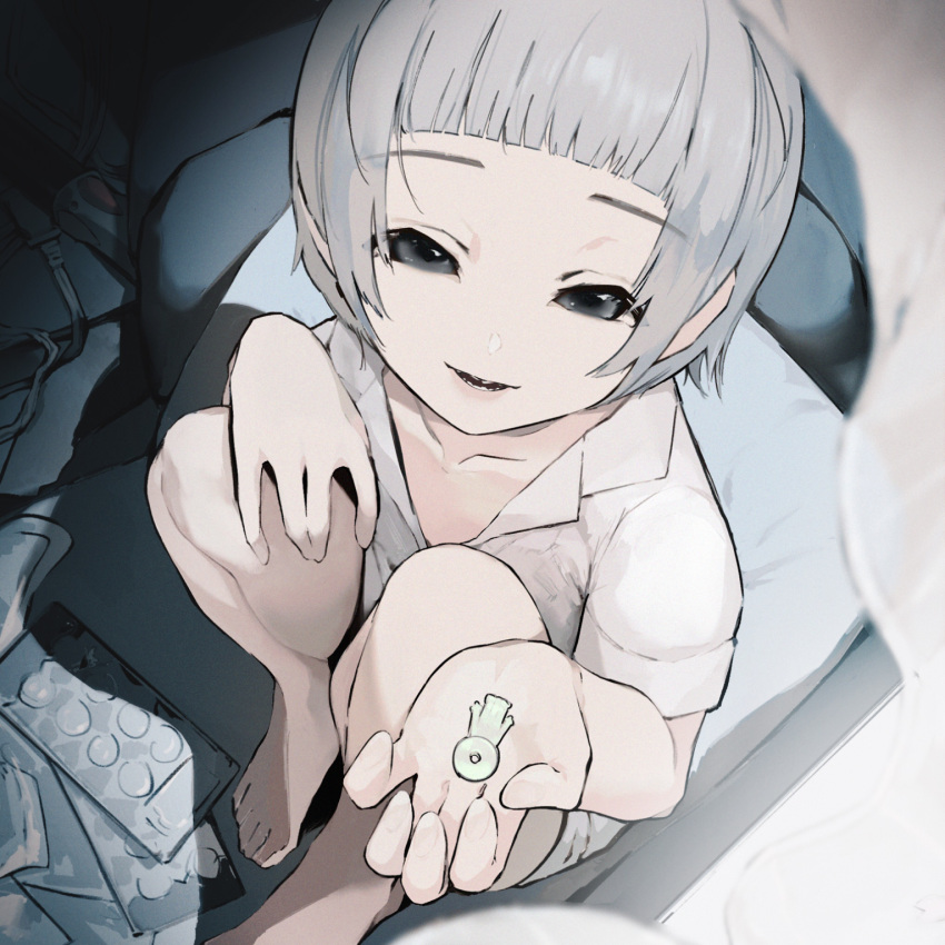 1girl bangs barefoot blunt_bangs collarbone curtains daydremec drugs electric_plug eyebrows_visible_through_hair grey_eyes grey_hair highres holding looking_at_viewer original parted_lips pillow short_hair sitting smile solo teeth transparent window