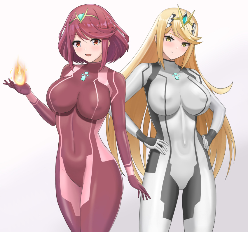 2girls blonde_hair bodysuit breasts commentary cosplay fire flame hair_ornament hand_on_hip highres higofushi large_breasts looking_at_viewer multiple_girls mythra_(xenoblade) navel plugsuit pyra_(xenoblade) redhead samus_aran samus_aran_(cosplay) skin_tight skindentation smile xenoblade_chronicles_(series) xenoblade_chronicles_2 yellow_eyes zero_suit