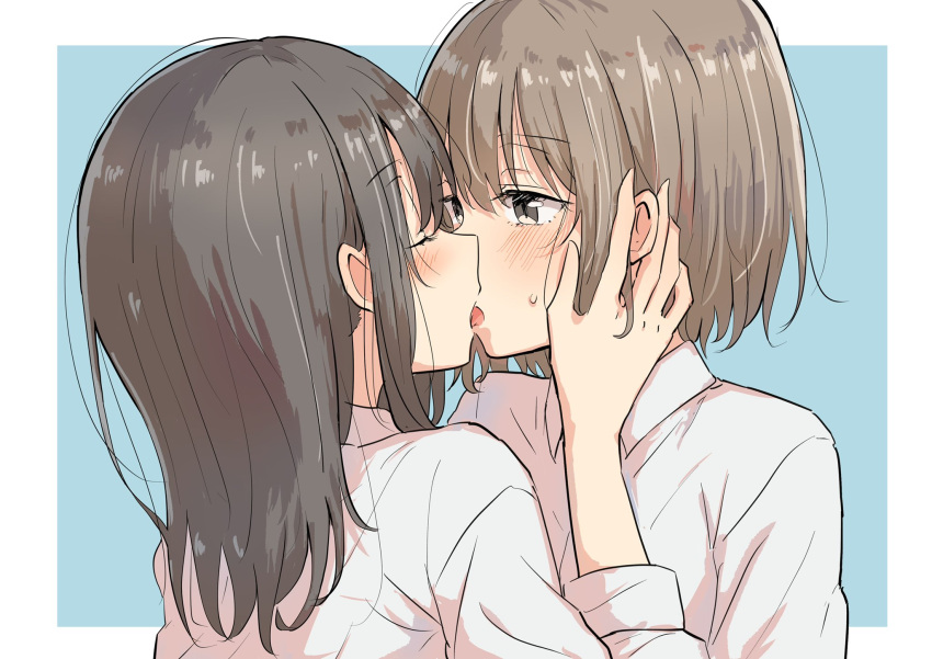 2girls bangs betock brown_hair closed_eyes commentary_request eyebrows_visible_through_hair eyelashes french_kiss grey_eyes half-closed_eyes hand_on_another's_cheek hand_on_another's_face highres kiss light_brown_hair long_hair medium_hair multiple_girls original sweatdrop yuri