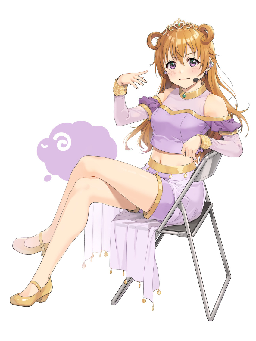 1girl bangs blush breasts brown_hair butterfly_(love_live!) closed_mouth clothing_cutout cropped_shirt crossed_legs full_body harem_outfit headset highres konoe_kanata large_breasts long_hair long_sleeves looking_at_viewer love_live! love_live!_nijigasaki_high_school_idol_club midriff navel oitsuki_(getsumen_diver) purple_shirt purple_shorts shirt shorts shoulder_cutout sitting solo tiara two_side_up v-shaped_eyebrows violet_eyes wavy_hair