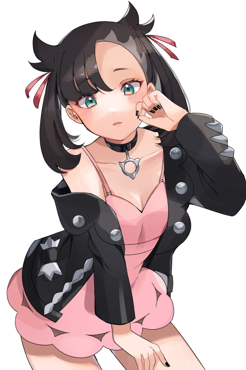 1girl asymmetrical_bangs bangs black_hair black_jacket black_nails blush breasts choker collarbone commentary_request contrapposto dress green_eyes hair_ribbon hand_up highres jacket marnie_(pokemon) nail_polish parted_lips pendant_choker pink_dress pokemon pokemon_(game) pokemon_swsh pose red_ribbon ribbon ririmon short_dress simple_background single_bare_shoulder small_breasts solo twintails two_side_up white_background