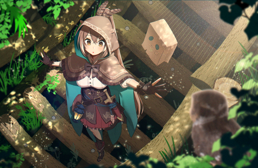 1girl :o absurdres bangs bird blush boots bow breasts brown_bow brown_cloak brown_eyes brown_footwear brown_gloves brown_hair cloak commentary corset dagger day eyebrows_visible_through_hair feather_hair_ornament feathers friend_(nanashi_mumei) from_above full_body gloves hair_between_eyes hair_ornament highres hololive hololive_english hood hood_up hooded_cloak jiki_(gkdlfnzo1245) knife lantern long_hair medium_breasts nanashi_mumei outdoors partially_fingerless_gloves plant ponytail red_skirt shirt skirt standing standing_on_one_leg very_long_hair virtual_youtuber weapon white_shirt