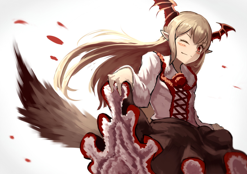 1girl black_skirt blonde_hair blush closed_mouth clothes_lift frilled_skirt frills head_wings highres lifted_by_self long_hair one_eye_closed painterly petals pointy_ears red_eyes red_neckwear red_wings shingeki_no_bahamut siena_(moratoriummaga) skirt skirt_lift solo tail vampire vampy wings
