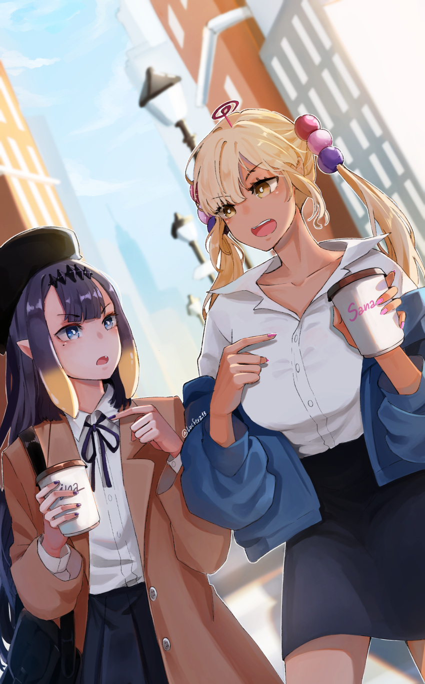 2girls absurdres blonde_hair blue_eyes coat coffee_cup contemporary cup dark-skinned_female dark_skin disposable_cup dress_shirt highres holding holding_cup hololive hololive_english long_hair lucferz mole mole_under_eye multiple_girls ninomae_ina'nis off_shoulder open_mouth pencil_skirt pointing purple_hair shirt skirt tsukumo_sana twintails v-shaped_eyebrows virtual_youtuber yellow_eyes