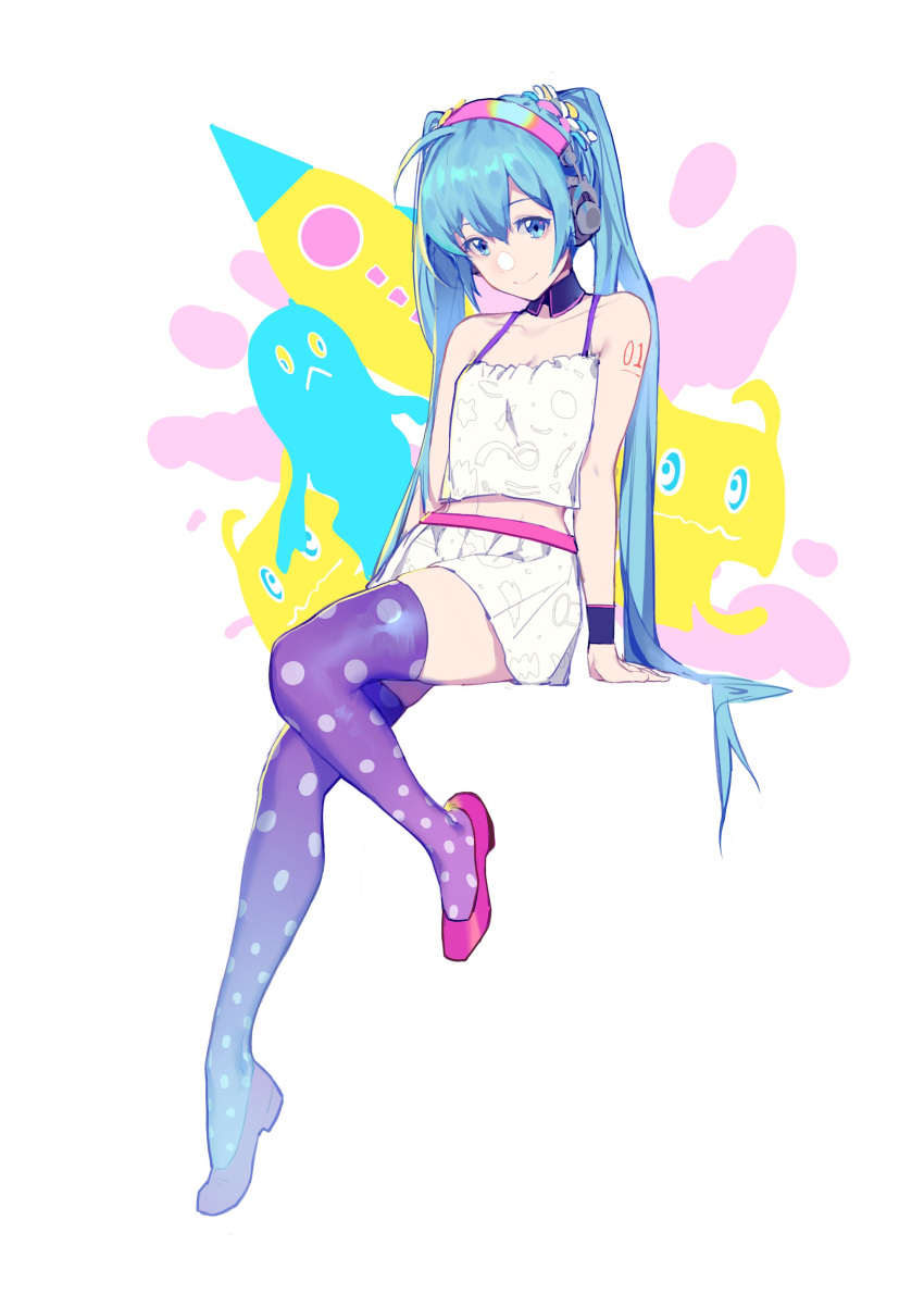 1girl :&lt; absurdres ahoge aqua_eyes aqua_hair arm_support bare_shoulders camisole collarbone commentary creature detached_collar flat_chest full_body hair_ornament hatsune_miku headphones highres leg_up long_hair looking_at_viewer miniskirt pink_footwear polka_dot polka_dot_legwear purple_legwear redial_(vocaloid) rocket shoulder_tattoo skindentation skirt smile solo spaghetti_strap tattoo thigh-highs twintails very_long_hair vocaloid wb_yimo white_background white_camisole white_skirt wristband zettai_ryouiki