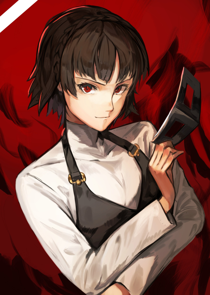 1girl absurdres braid brown_hair eyebrows_visible_through_hair highres long_sleeves looking_at_viewer mask nasubin_(user_tjyp5584) niijima_makoto persona persona_5 plaid red_background red_eyes school_uniform short_hair simple_background skirt solo sweater turtleneck turtleneck_sweater upper_body white_background