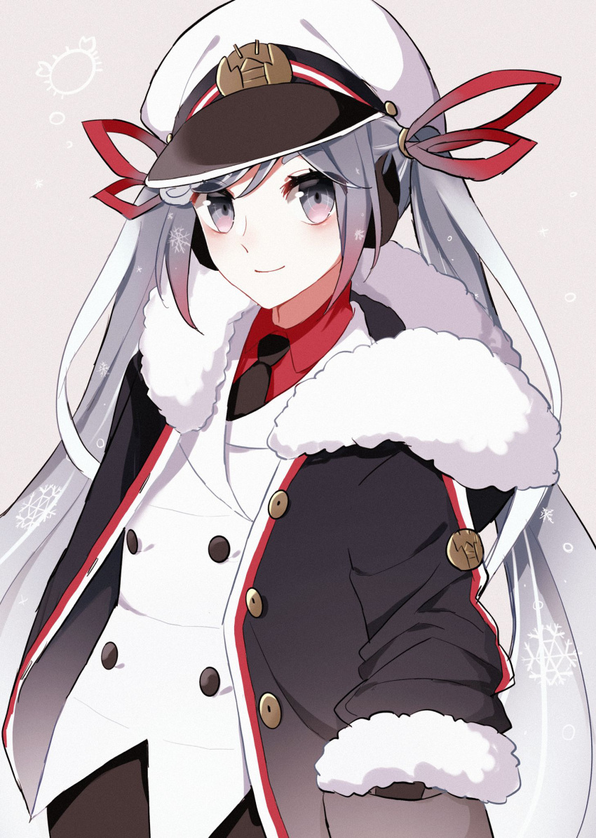1girl a_cake_(fecakeeee) beige_background black_gloves black_neckwear buttons coat commentary crab double-breasted fur-trimmed_coat fur-trimmed_sleeves fur_trim gloves hair_ribbon hand_in_pocket hat hatsune_miku highres jacket light_blue_eyes light_blue_hair light_smile long_hair looking_at_viewer military military_uniform naval_uniform necktie red_ribbon red_shirt ribbon sailor sailor_hat shirt snowflake_print solo standing twintails uniform upper_body very_long_hair vocaloid white_headwear white_jacket yuki_miku yuki_miku_(2022)