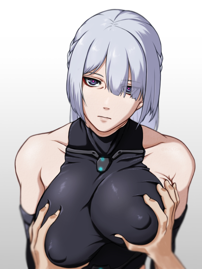 1boy 1girl ak-15_(girls'_frontline) bangs bare_shoulders braid breasts closed_mouth covered_nipples eyebrows_visible_through_hair girls_frontline grey_background hetero highres large_breasts long_hair looking_at_viewer pov pov_hands rob_110101101 silver_hair solo_focus violet_eyes