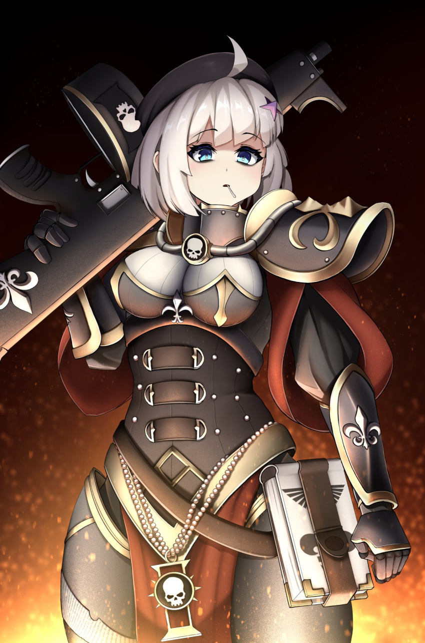 aa-12_(girls'_frontline) adepta_sororitas ahoge armor blue_eyes book breastplate candy crossover fire food gauntlets girls_frontline gun highres lollipop open_mouth shotgun shoulder_armor strap warhammer_40k weapon white_hair yan_kodiac