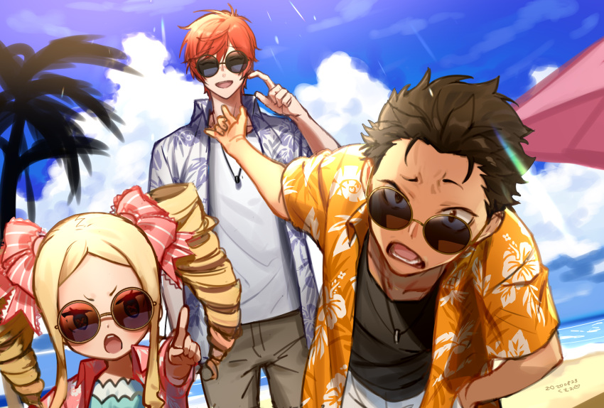 beach beatrice_(re:zero) black_hair blonde_hair clouds drill_hair hair_ornament hair_slicked_back hawaiian_shirt highres jewelry kumuo_(mirakurufusao) long_hair looking_at_viewer natsuki_subaru necklace open_mouth palm_tree pointing pointing_at_viewer re:zero_kara_hajimeru_isekai_seikatsu redhead reinhard_van_astrea ribbon shirt short_hair short_sleeves sky smile sunglasses tree twin_drills