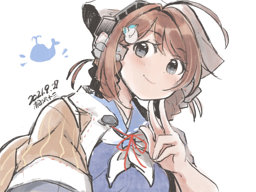 1girl artist_name bandana blue_serafuku braid brown_hair brown_shawl chougei_(kancolle) commentary_request dated grey_eyes hair_ornament hair_rings hairclip headgear highres kantai_collection kirisawa_juuzou long_hair neckerchief sailor_collar school_uniform serafuku simple_background solo twin_braids upper_body v whale white_background white_neckwear