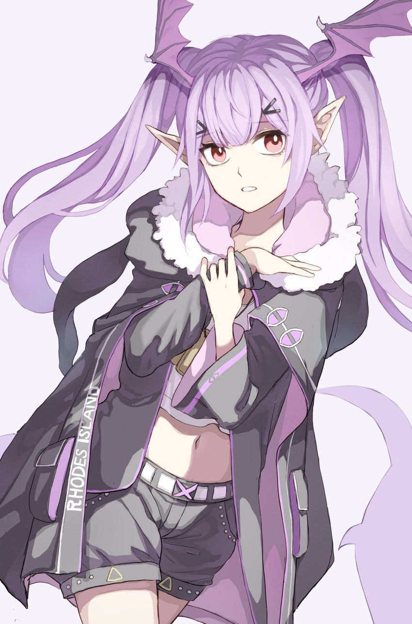 1girl arknights bangs cloak commentary fur-trimmed_cloak fur_trim hair_ornament hairclip head_wings highres jacket long_hair manticore_(arknights) navel orange_eyes parted_lips pointy_ears purple_hair shorts solo twintails vhdtyzusixc7fai
