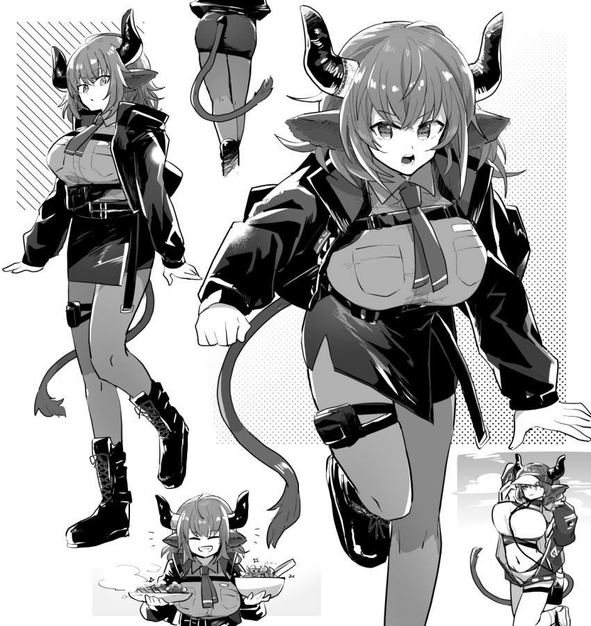 1girl animal_ears arknights bangs boots breasts cow_ears cow_girl cow_tail grin highres horns iwashi_80 jacket long_sleeves monochrome necktie open_mouth pantyhose pencil_skirt short_hair sideroca_(arknights) sideroca_(light_breeze)_(arknights) skirt smile solo tail