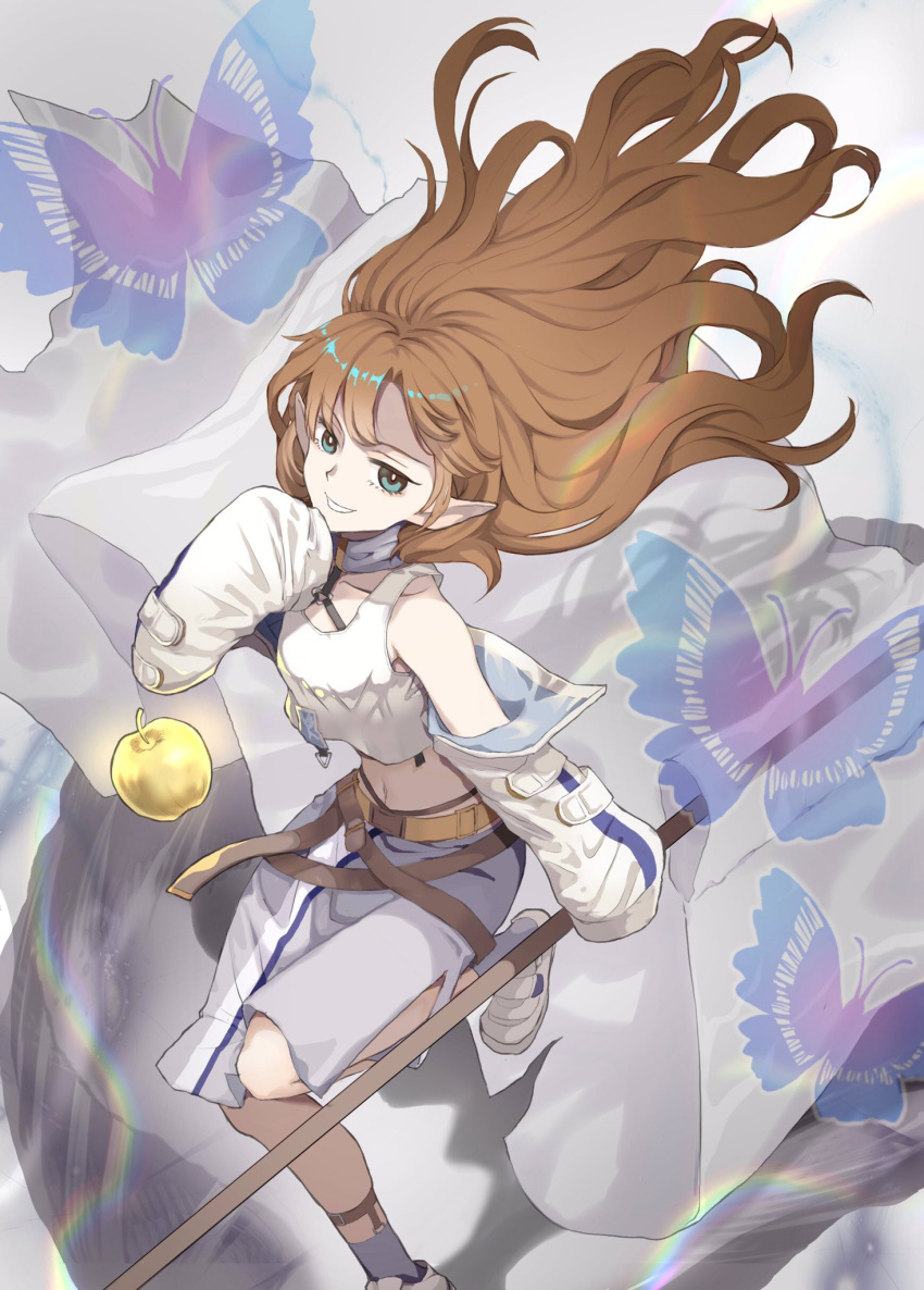 1girl apple arknights bangs bare_shoulders brown_hair bug butterfly detached_collar flag food fruit golden_apple green_eyes highres holding holding_flag jacket long_hair myrtle_(arknights) off_shoulder parted_lips pointy_ears sleeves_past_fingers sleeves_past_wrists solo vhdtyzusixc7fai white_jacket