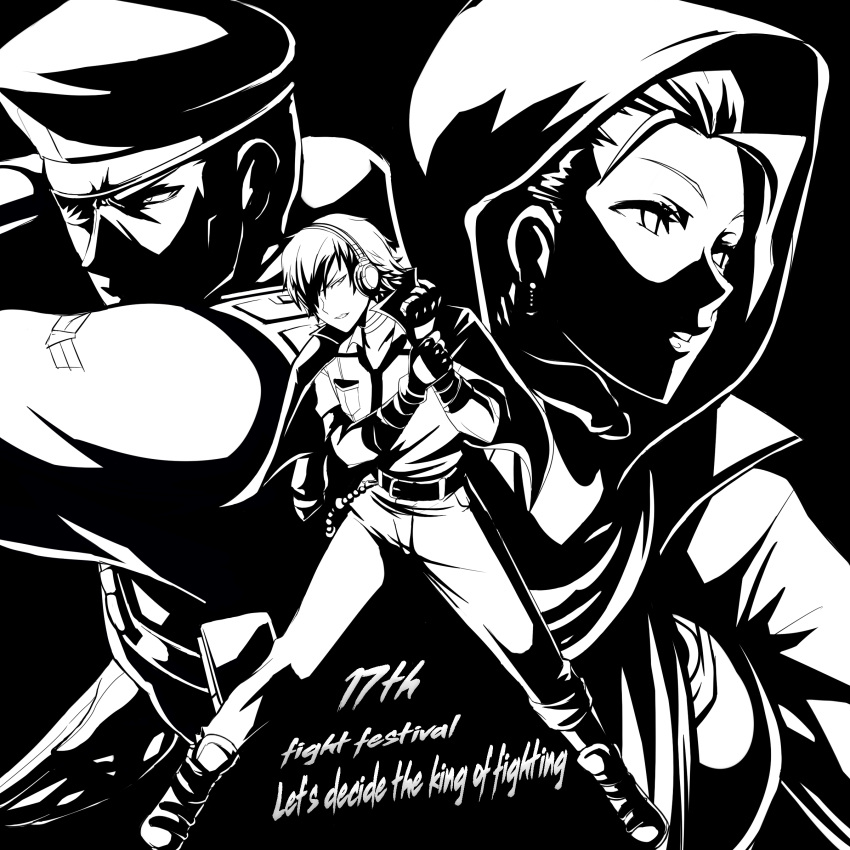 absurdres action earrings english_text eyepatch fighting_stance greyscale headphones heidern highres hijab jacket jacket_on_shoulders jewelry monochrome najd necktie okyou short_hair shun'ei the_king_of_fighters