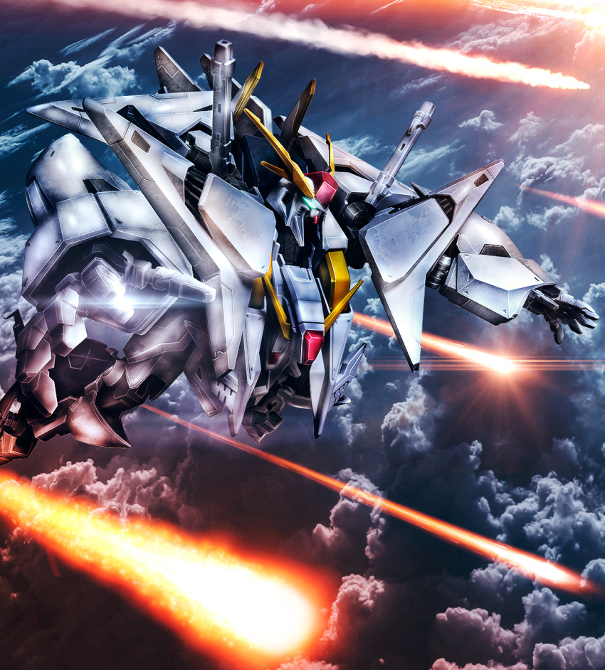 airborne clouds cloudy_sky commentary_request debris flying glowing glowing_eyes green_eyes gundam gundam_hathaway's_flash highres mecha mobile_suit no_humans open_hands science_fiction sky solo v-fin xi_gundam youiki