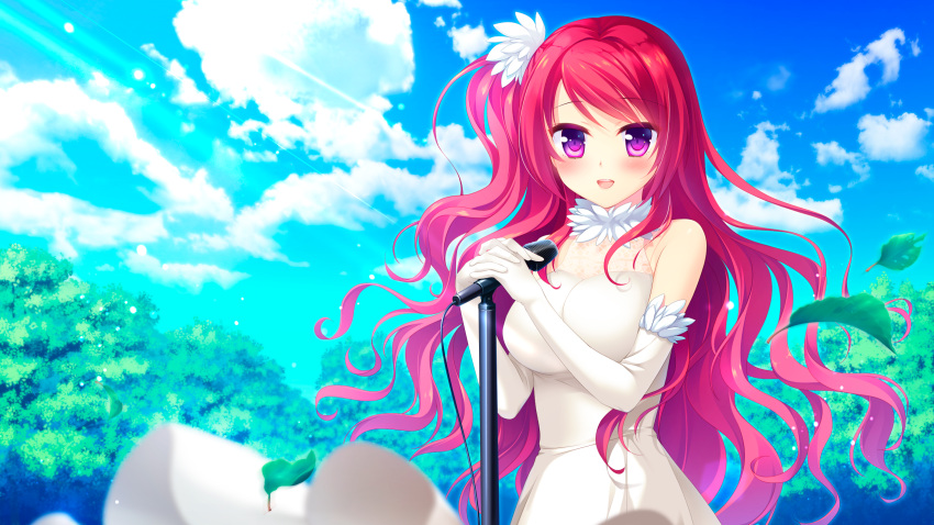 1girl :d bangs blue_sky blush breasts clouds courreges_ace day dress elbow_gloves eyebrows_visible_through_hair floating_hair game_cg gloves hair_ornament highres holding holding_microphone large_breasts long_dress long_hair looking_at_viewer microphone microphone_stand official_art open_mouth outdoors own_hands_clasped own_hands_together redhead rinka_(watashi_ga_suki_nara_"suki"_tte_itte!) shiny shiny_hair side_ponytail sky sleeveless sleeveless_dress smile solo standing swept_bangs very_long_hair violet_eyes watashi_ga_suki_nara_"suki"_tte_itte! wedding_dress white_dress white_gloves