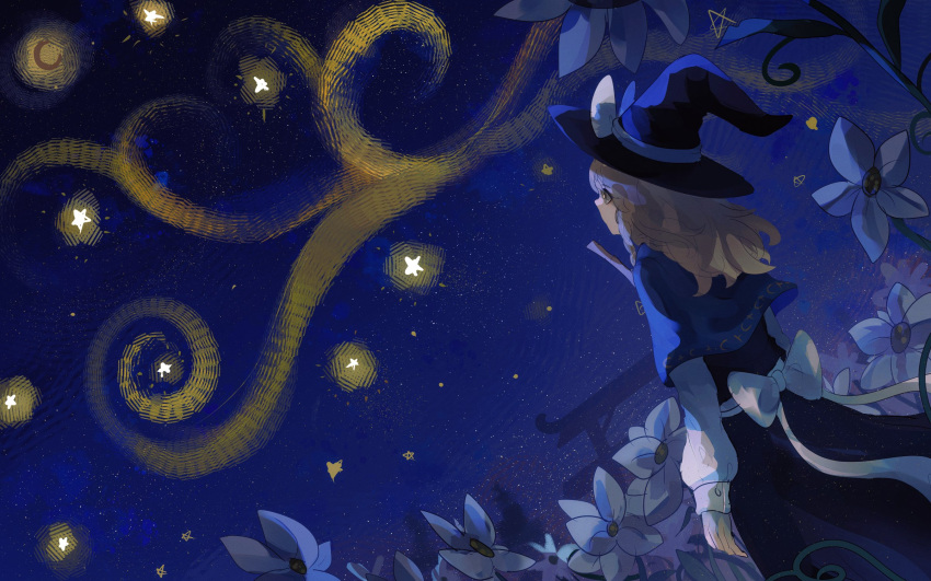 1girl black_skirt black_vest blonde_hair blue_capelet braid broom capelet cropped_legs english_commentary field flower flower_field hat hat_ribbon highres kirisame_marisa long_hair long_sleeves looking_to_the_side looking_up naufaldreamer night night_sky ribbon single_braid skirt sky solo star_(sky) touhou vest white_ribbon witch_hat wrist_cuffs