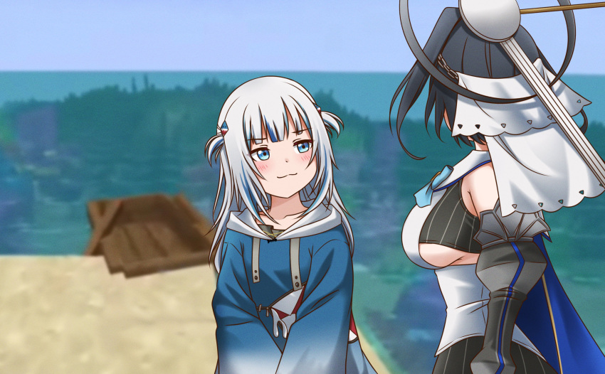 2girls :3 absurdres black_hair blue_eyes blue_hair blue_hoodie blush boat breasts detached_sleeves drake_&amp;_josh english_commentary gawr_gura halo highres hololive hololive_english hood hoodie jan_azure large_breasts looking_to_the_side looking_up mechanical_halo medium_hair meme minecraft multicolored_hair multiple_girls ouro_kronii short_hair silver_hair streaked_hair two_side_up virtual_youtuber watercraft where's_the_door_hole?_(meme)