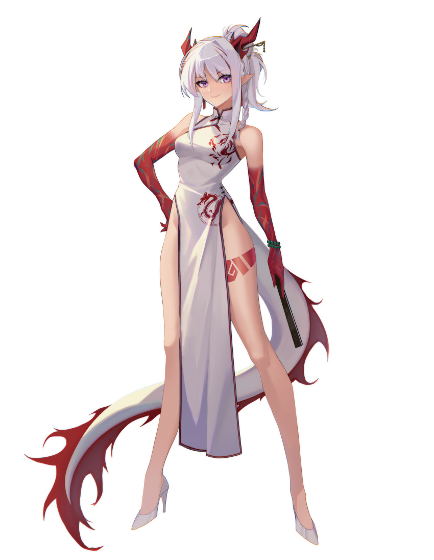 1girl absurdres ark_line arknights bangs bare_legs bare_shoulders bead_bracelet beads blush bracelet braid breasts china_dress chinese_clothes closed_fan closed_mouth colored_skin commentary_request dragon_girl dragon_horns dragon_tail dress eyebrows_visible_through_hair folding_fan full_body hand_fan hand_on_hip high_heels highres holding holding_fan horns jewelry long_hair looking_at_viewer medium_breasts nian_(arknights) nian_(unfettered_freedom)_(arknights) official_alternate_costume pelvic_curtain pointy_ears ponytail red_skin side_braid sidelocks sleeveless sleeveless_dress smile solo standing tail violet_eyes white_background white_dress white_footwear